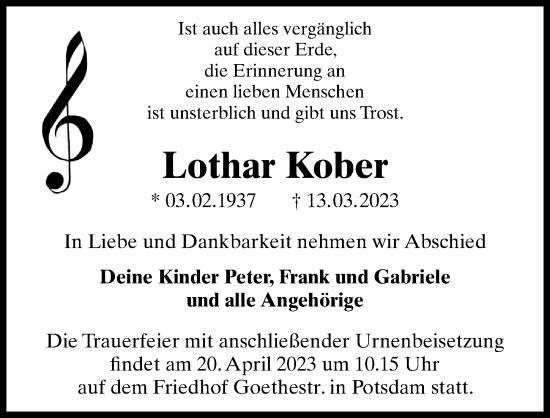 Traueranzeige von Lothar Kober von Märkischen Allgemeine Zeitung