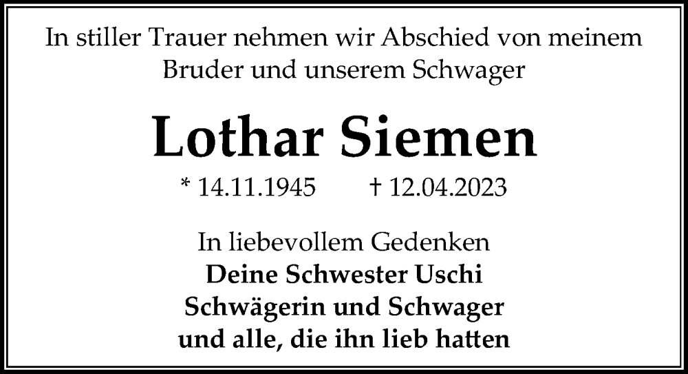 Traueranzeige für Lothar Siemen vom 15.04.2023 aus Aller Zeitung