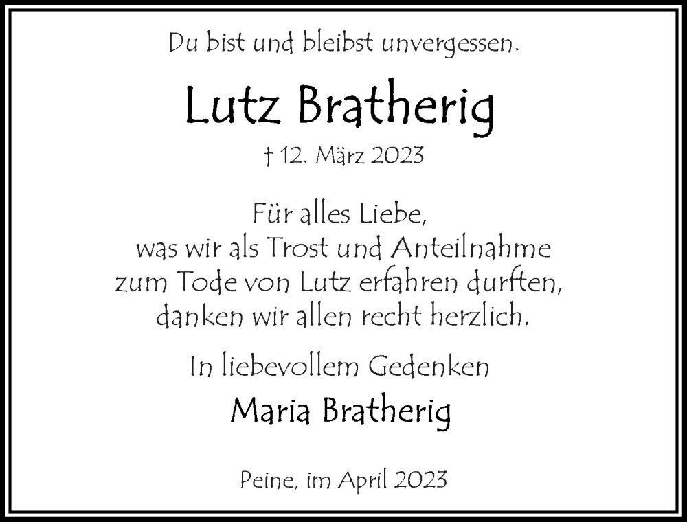  Traueranzeige für Lutz Bratherig vom 01.04.2023 aus Peiner Allgemeine Zeitung