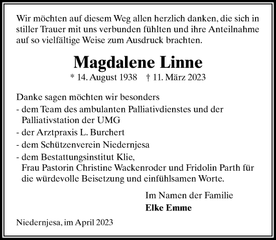Traueranzeige von Magdalene Linne von Göttinger Tageblatt