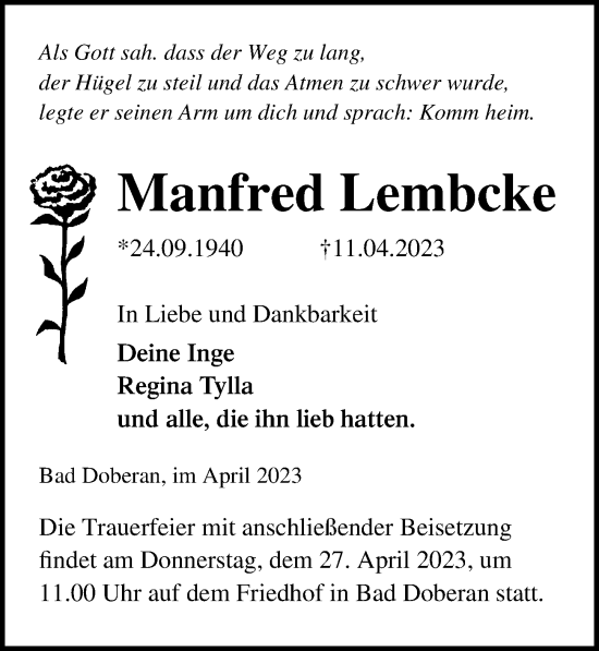 Traueranzeige von Manfred Lembcke von Ostsee-Zeitung GmbH