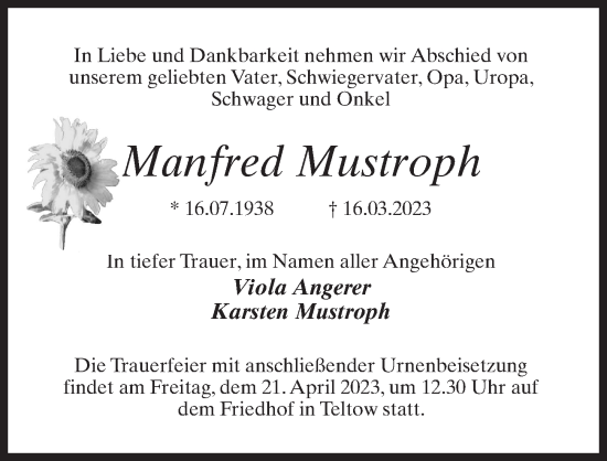 Traueranzeige von Manfred Mustroph von Märkischen Allgemeine Zeitung