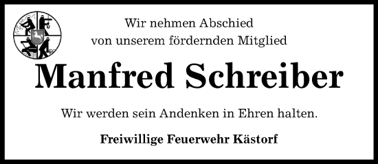 Traueranzeige von Manfred Schreiber von Aller Zeitung