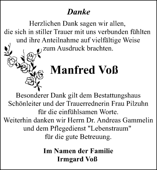 Traueranzeige von Manfred Voß von Ostsee-Zeitung GmbH