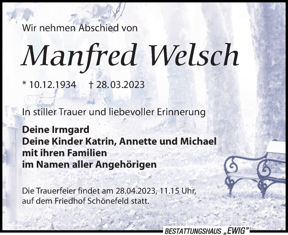  Traueranzeige für Manfred Welsch vom 08.04.2023 aus Leipziger Volkszeitung