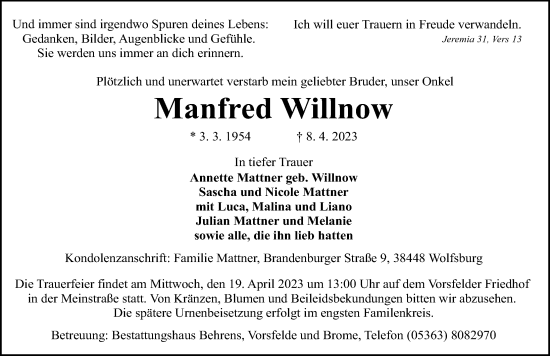 Traueranzeige von Manfred Willnow von Aller Zeitung
