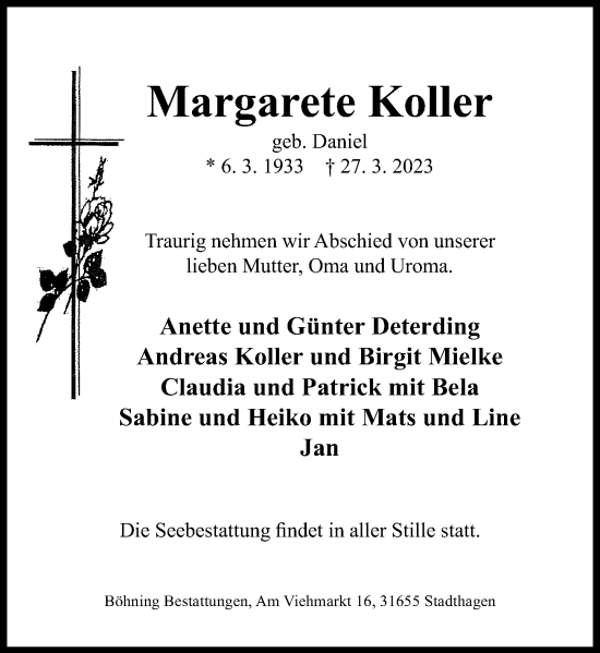Traueranzeige von Margarete Koller von Schaumburger Nachrichten