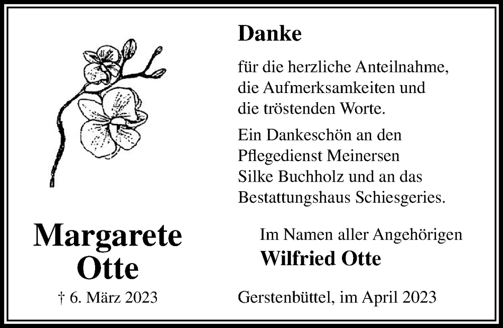  Traueranzeige für Margarete Otte vom 15.04.2023 aus Aller Zeitung