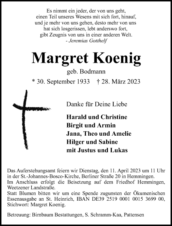 Traueranzeige von Margret Koenig von Hannoversche Allgemeine Zeitung/Neue Presse
