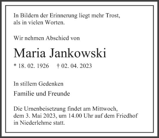 Traueranzeige von Maria Jankowski von Märkischen Allgemeine Zeitung