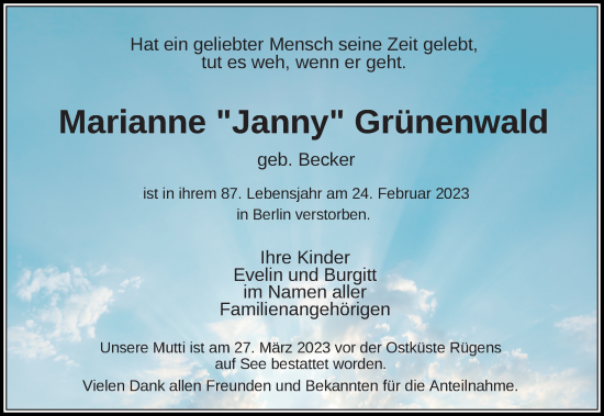 Traueranzeige von Marianne Grünenwald von Ostsee-Zeitung GmbH