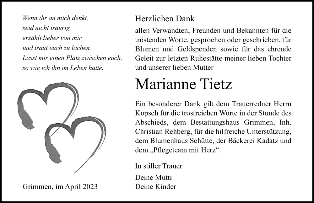  Traueranzeige für Marianne Tietz vom 15.04.2023 aus Ostsee-Zeitung GmbH