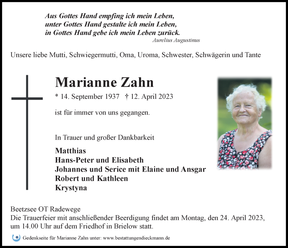  Traueranzeige für Marianne Zahn vom 19.04.2023 aus Märkischen Allgemeine Zeitung