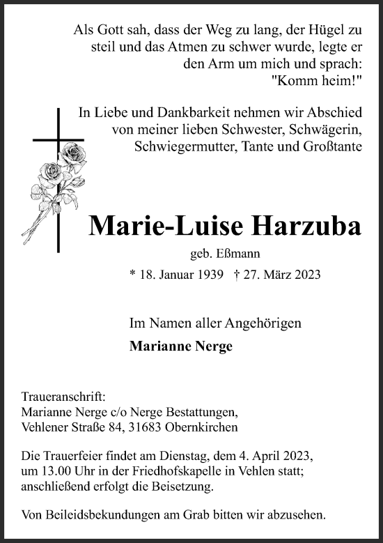 Traueranzeige von Marie-Luise Harzuba von Schaumburger Nachrichten