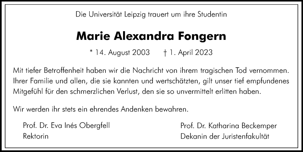  Traueranzeige für Marie Alexandra Fongern vom 12.04.2023 aus Leipziger Volkszeitung