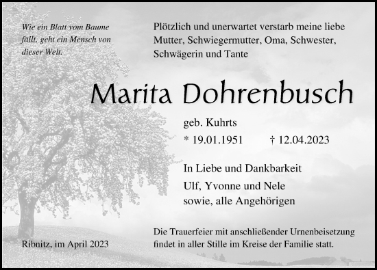 Traueranzeige von Marita Dohrenbusch von Ostsee-Zeitung GmbH