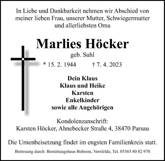 Traueranzeige von Marlies Höcker von Aller Zeitung