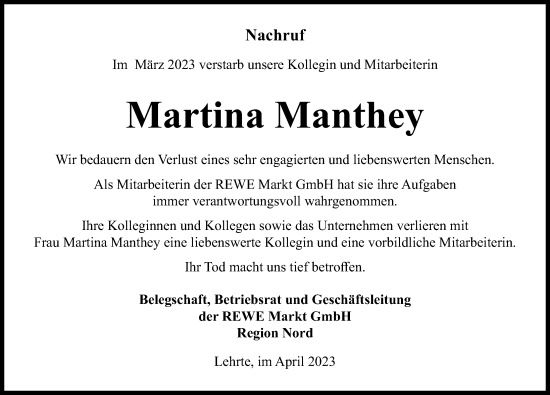 Traueranzeige von Martina Manthey von Hannoversche Allgemeine Zeitung/Neue Presse