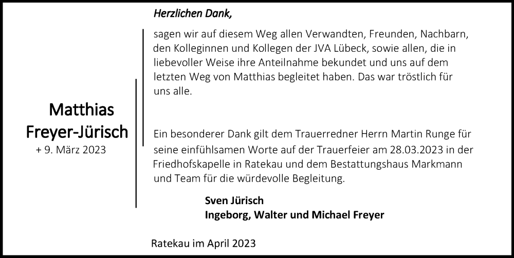  Traueranzeige für Matthias Freyer-Jürisch vom 09.04.2023 aus Lübecker Nachrichten