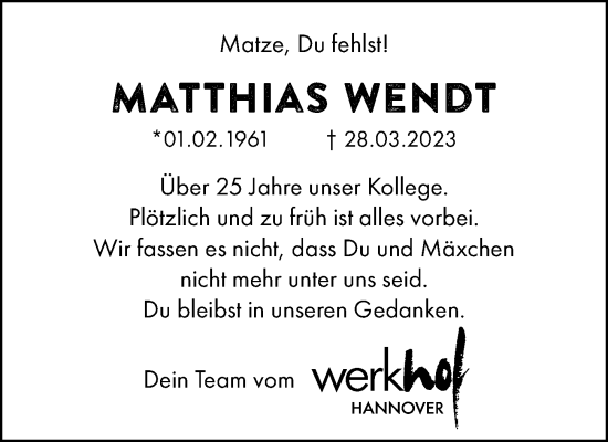 Traueranzeige von Matthias Wendt von Hannoversche Allgemeine Zeitung/Neue Presse