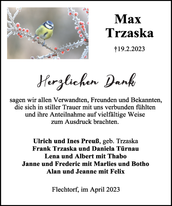 Traueranzeige von Max Trzaska von Aller Zeitung