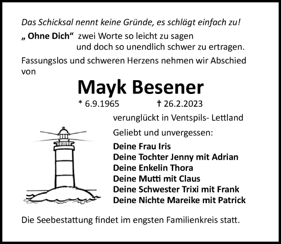 Traueranzeige von Mayk Besener von Ostsee-Zeitung GmbH