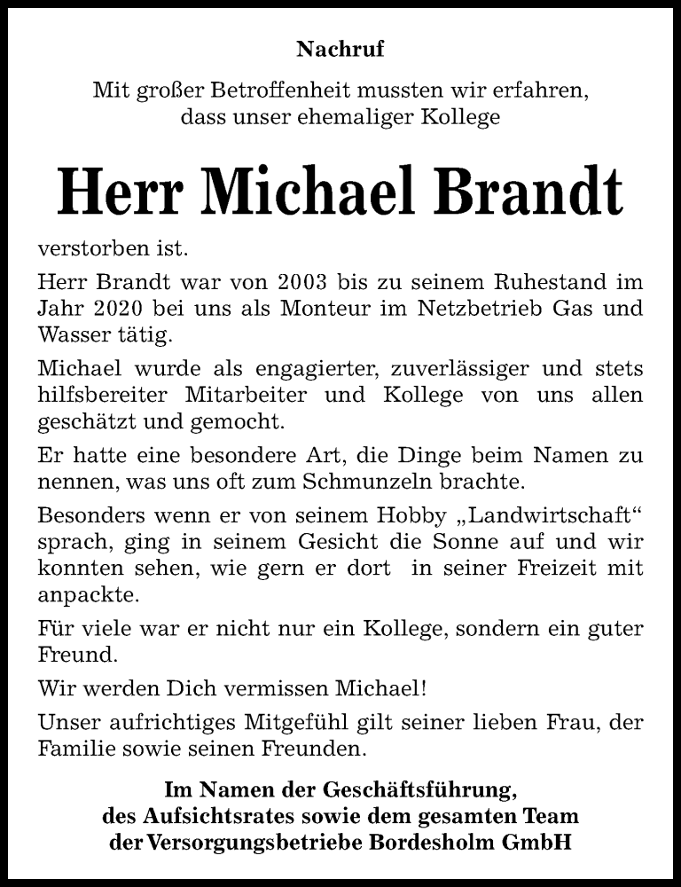  Traueranzeige für Michael Brandt vom 15.04.2023 aus Kieler Nachrichten