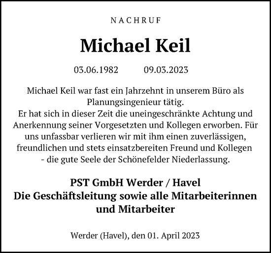 Traueranzeige von Michael Keil von Märkischen Allgemeine Zeitung