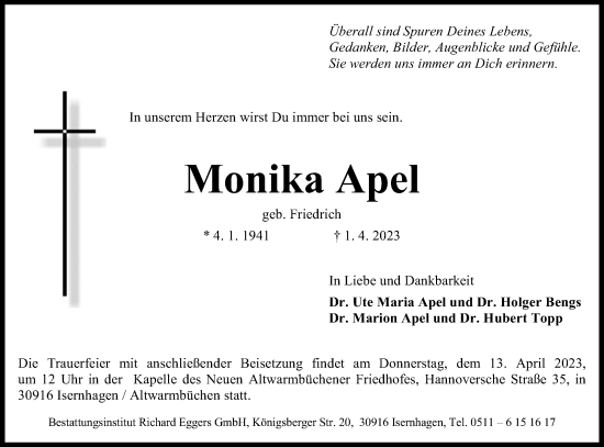 Traueranzeige von Monika Apel von Hannoversche Allgemeine Zeitung/Neue Presse