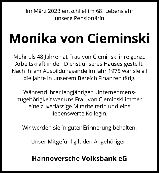 Traueranzeige von Monika von Cieminski von Hannoversche Allgemeine Zeitung/Neue Presse
