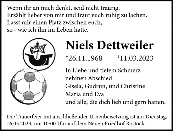 Traueranzeige von Niels Dettweiler von Ostsee-Zeitung GmbH