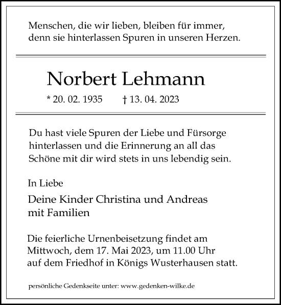 Traueranzeige von Norbert Lehmann von Märkischen Allgemeine Zeitung