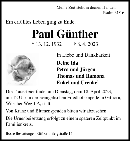 Traueranzeige von Paul Günther von Aller Zeitung