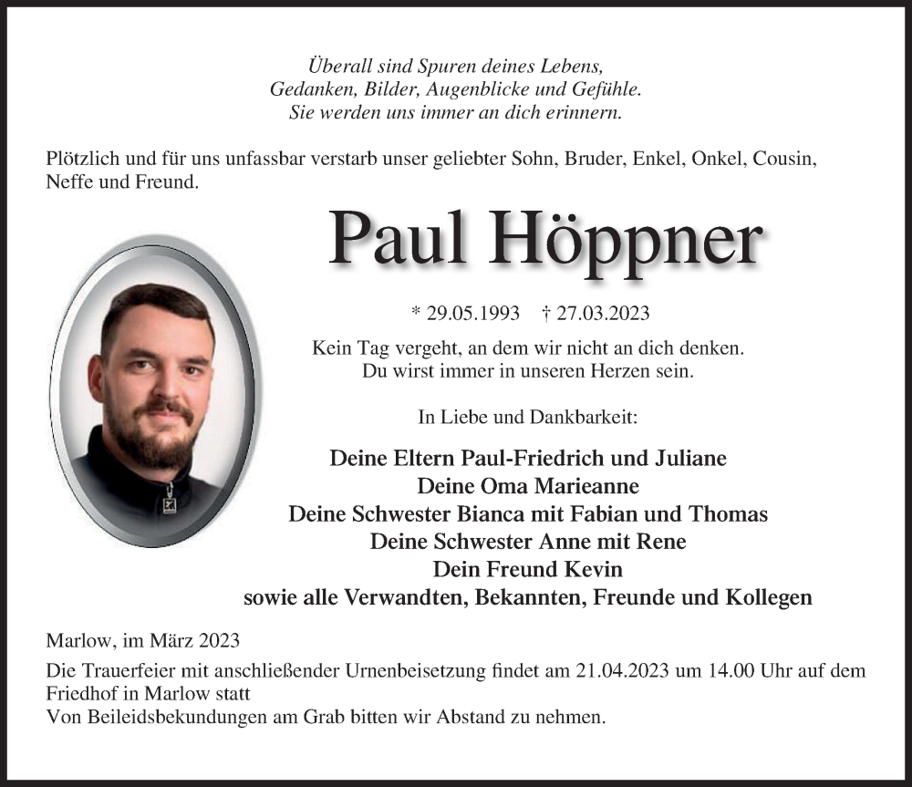  Traueranzeige für Paul Höppner vom 15.04.2023 aus Ostsee-Zeitung GmbH