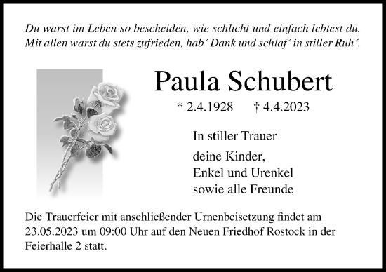 Traueranzeige von Paula Schubert von Ostsee-Zeitung GmbH