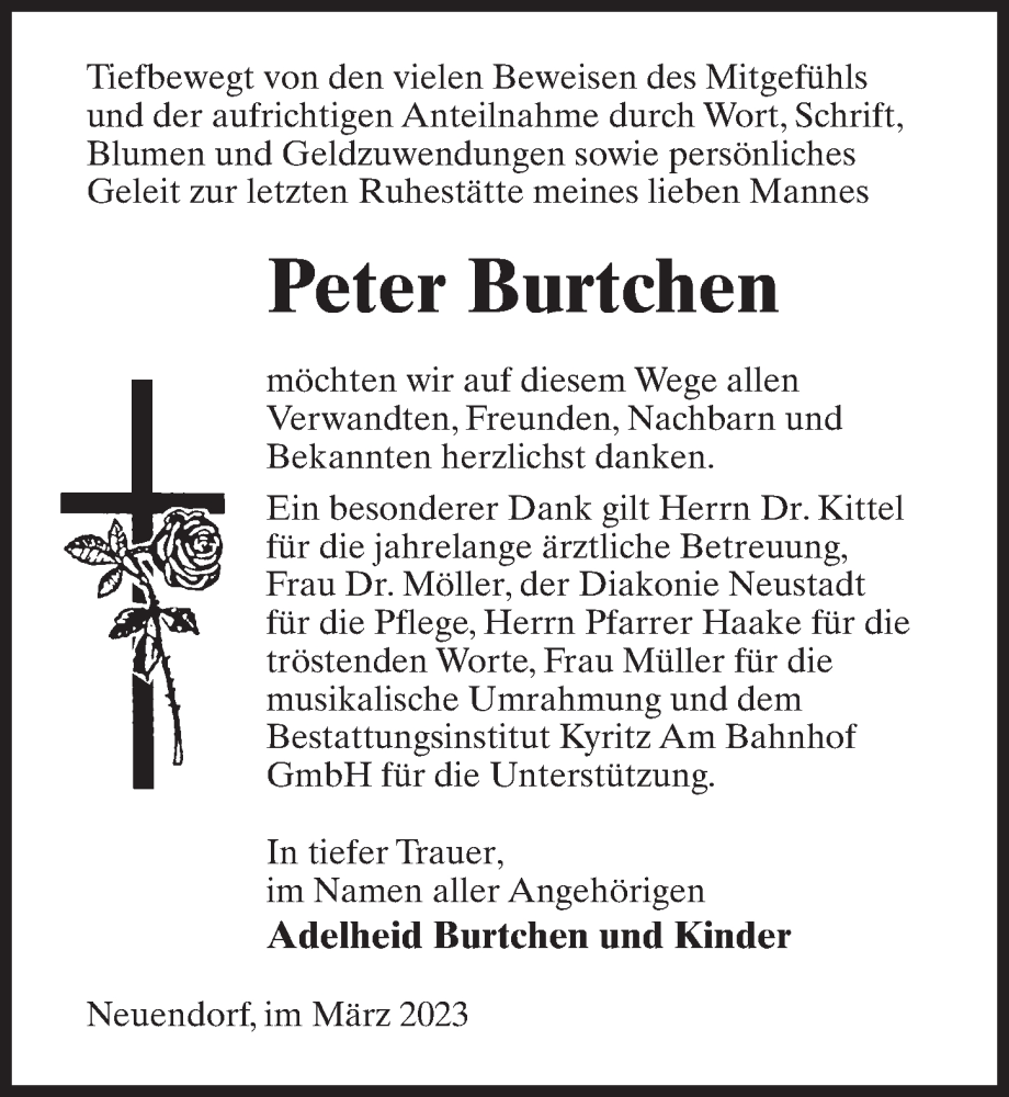  Traueranzeige für Peter Burtchen vom 15.04.2023 aus Märkischen Allgemeine Zeitung