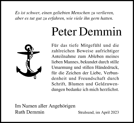 Traueranzeige von Peter Demmin von Ostsee-Zeitung GmbH
