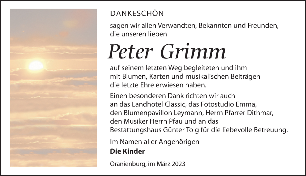  Traueranzeige für Peter Grimm vom 01.04.2023 aus Märkischen Allgemeine Zeitung