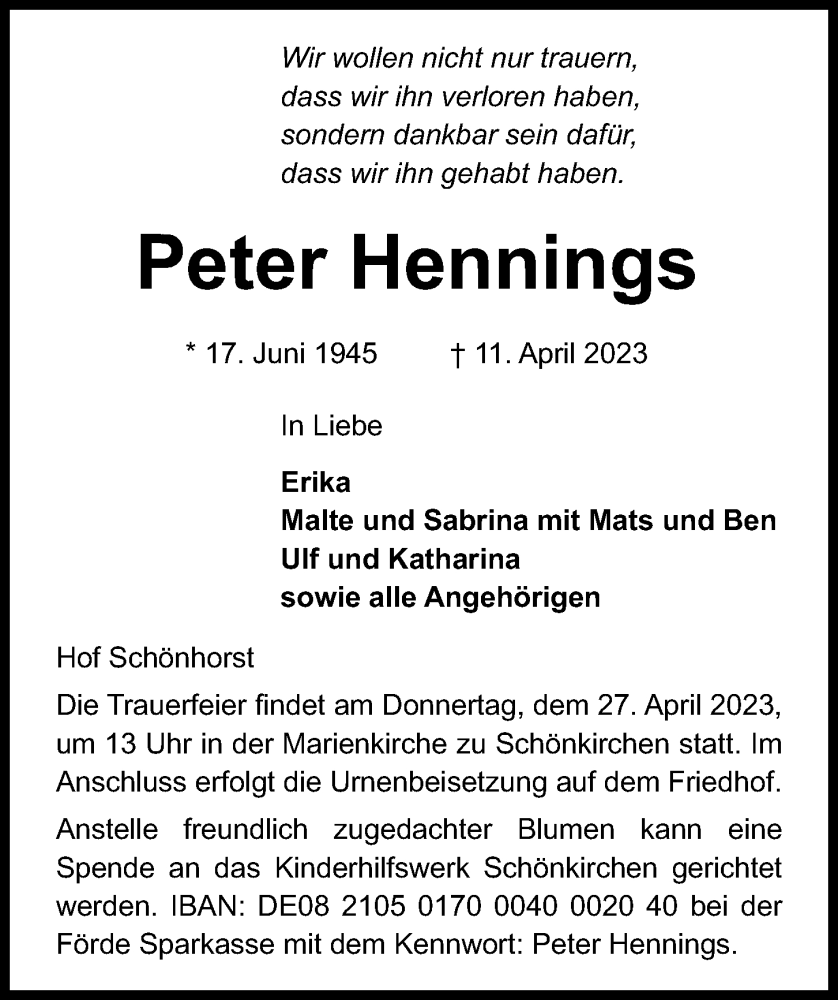  Traueranzeige für Peter Hennings vom 22.04.2023 aus Kieler Nachrichten