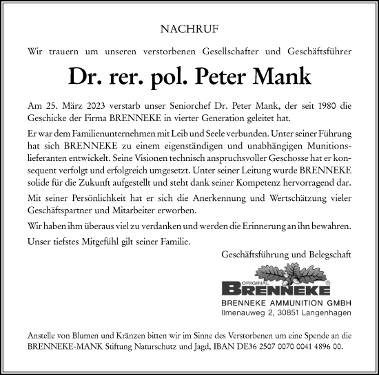 Traueranzeige von Peter Mank von Hannoversche Allgemeine Zeitung/Neue Presse