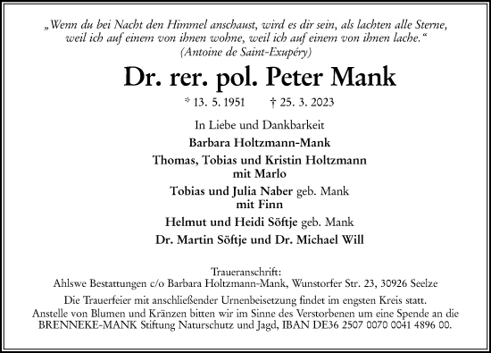 Traueranzeige von Peter Mank von Hannoversche Allgemeine Zeitung/Neue Presse