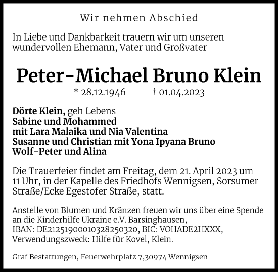 Traueranzeige von Peter-Michael Bruno Klein von Hannoversche Allgemeine Zeitung/Neue Presse