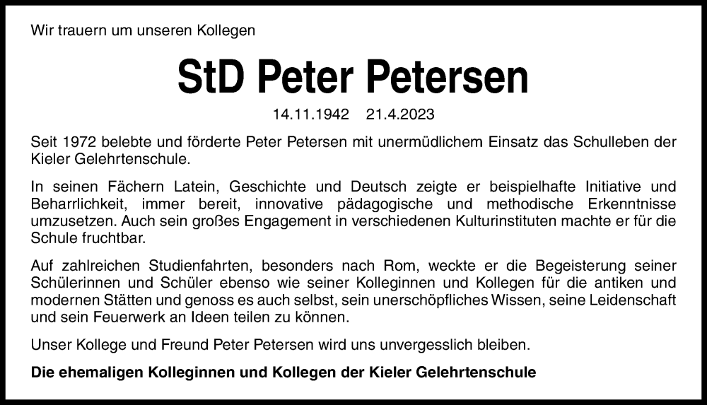  Traueranzeige für Peter Petersen vom 29.04.2023 aus Kieler Nachrichten