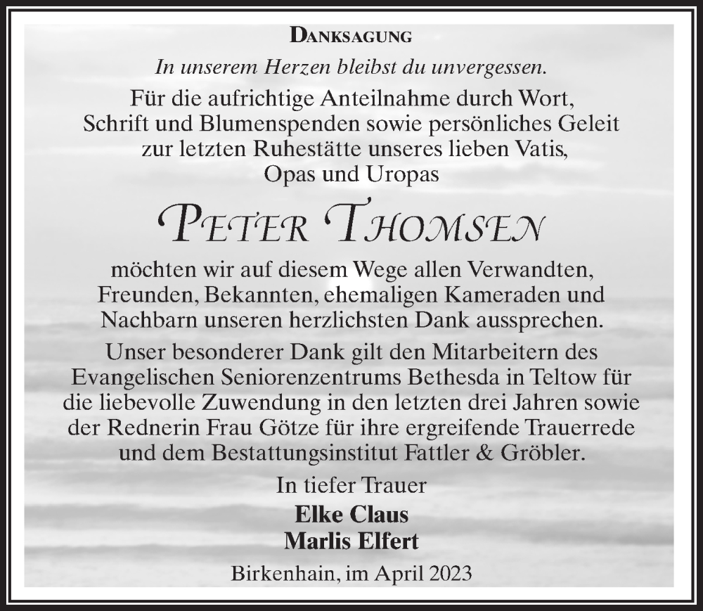  Traueranzeige für Peter Thomsen vom 01.04.2023 aus Märkischen Allgemeine Zeitung