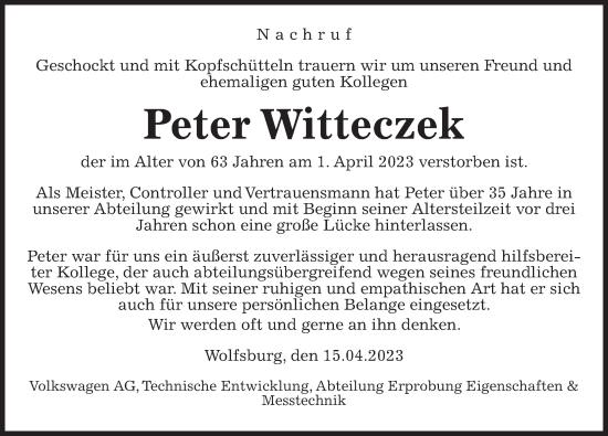 Traueranzeige von Peter Witteczek von Aller Zeitung