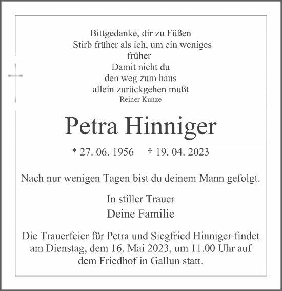 Traueranzeige von Petra Hinniger von Märkischen Allgemeine Zeitung