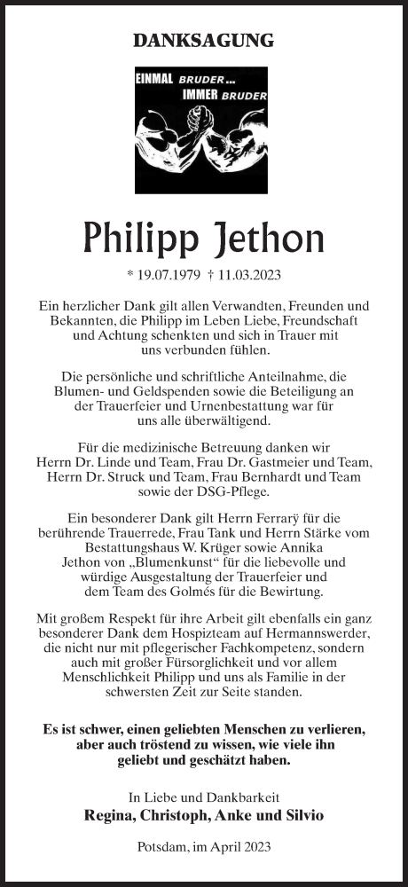  Traueranzeige für Philipp Jethon vom 29.04.2023 aus Märkischen Allgemeine Zeitung