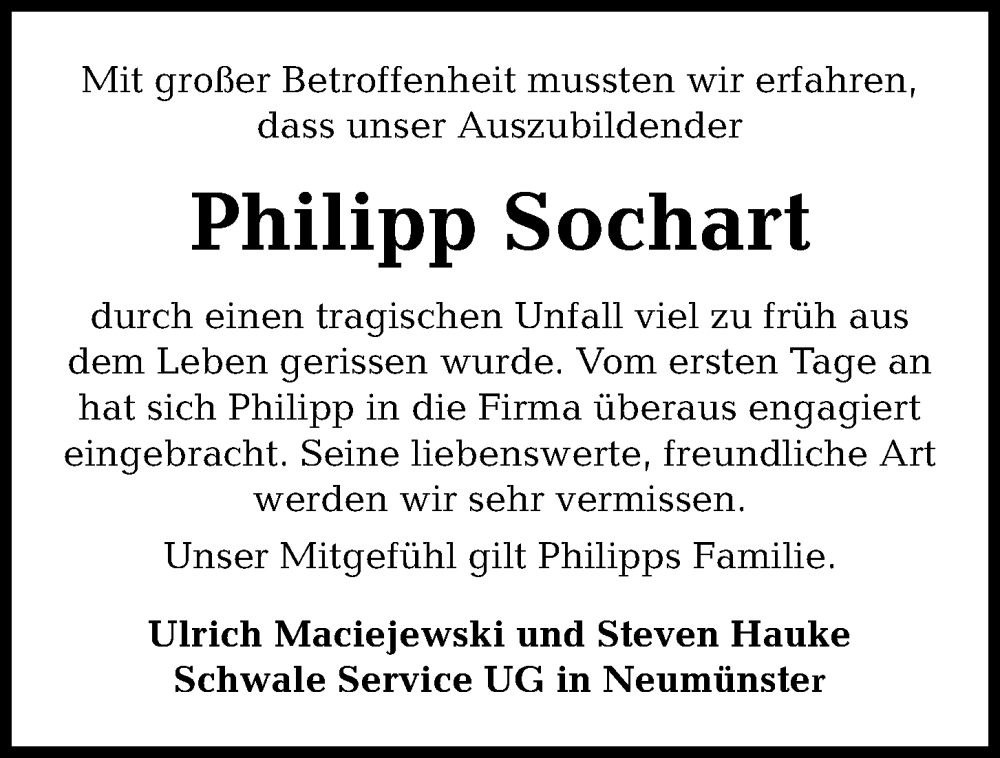  Traueranzeige für Philipp Sochart vom 29.04.2023 aus Kieler Nachrichten