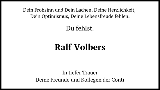 Traueranzeige von Ralf Volbers von Hannoversche Allgemeine Zeitung/Neue Presse