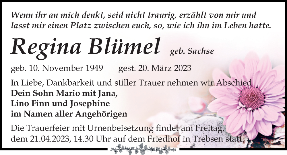  Traueranzeige für Regina Blümel vom 01.04.2023 aus Leipziger Volkszeitung